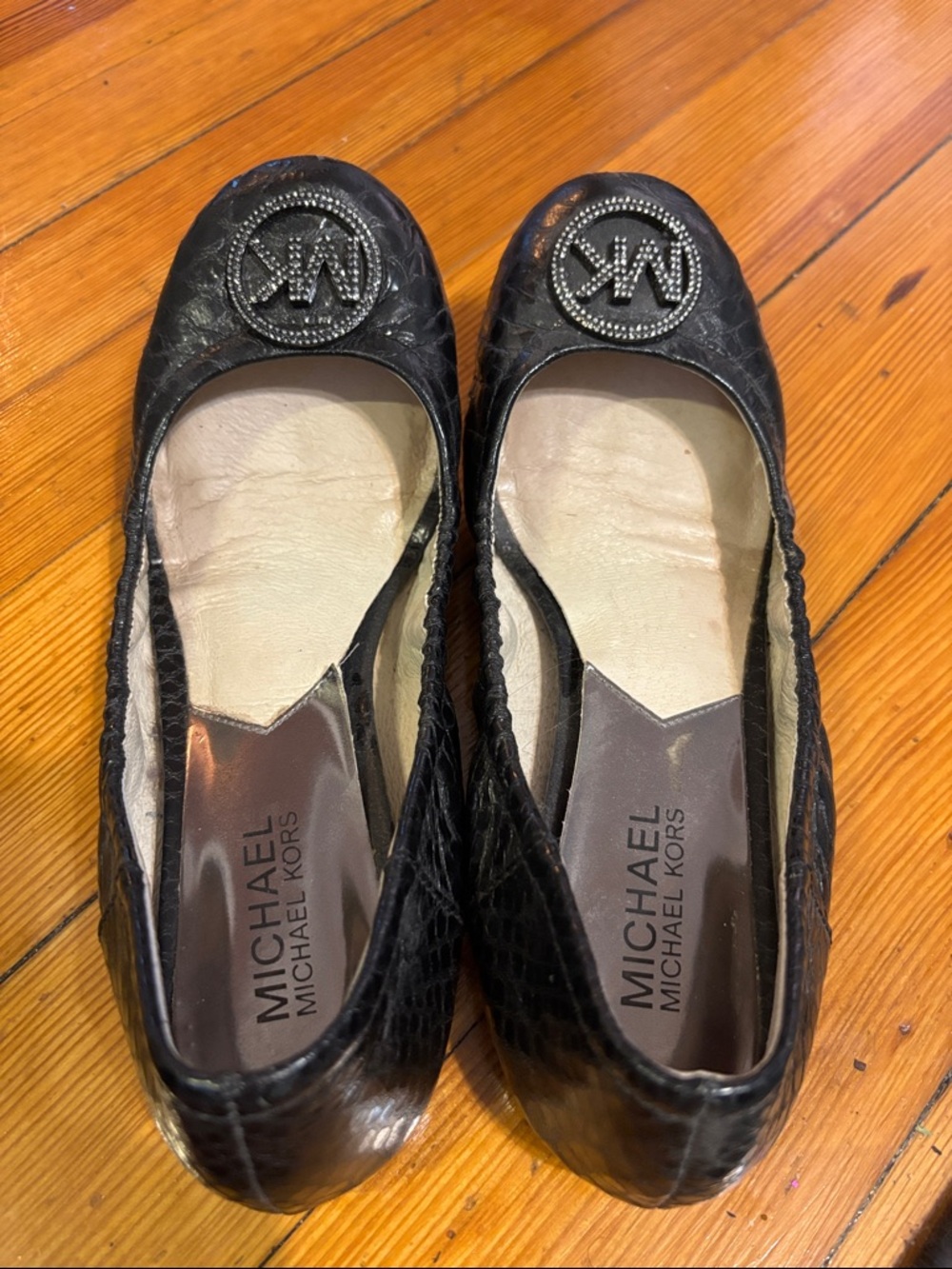 Michael Kors Black Quilted Logo Ballet Flats with Crystal Emblem